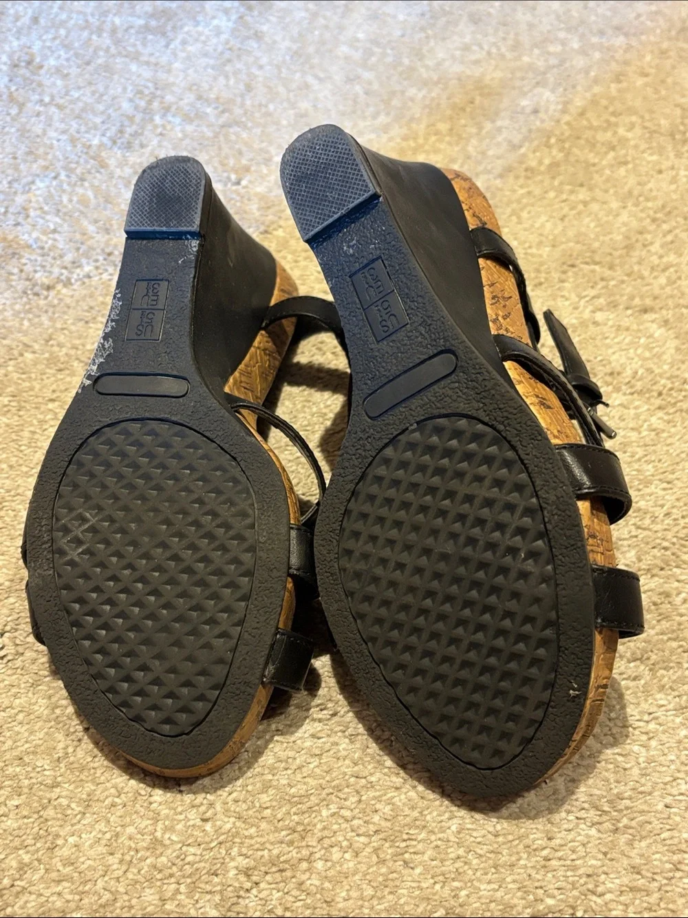 Clarks Black Wedge Sandals with Cork Accent